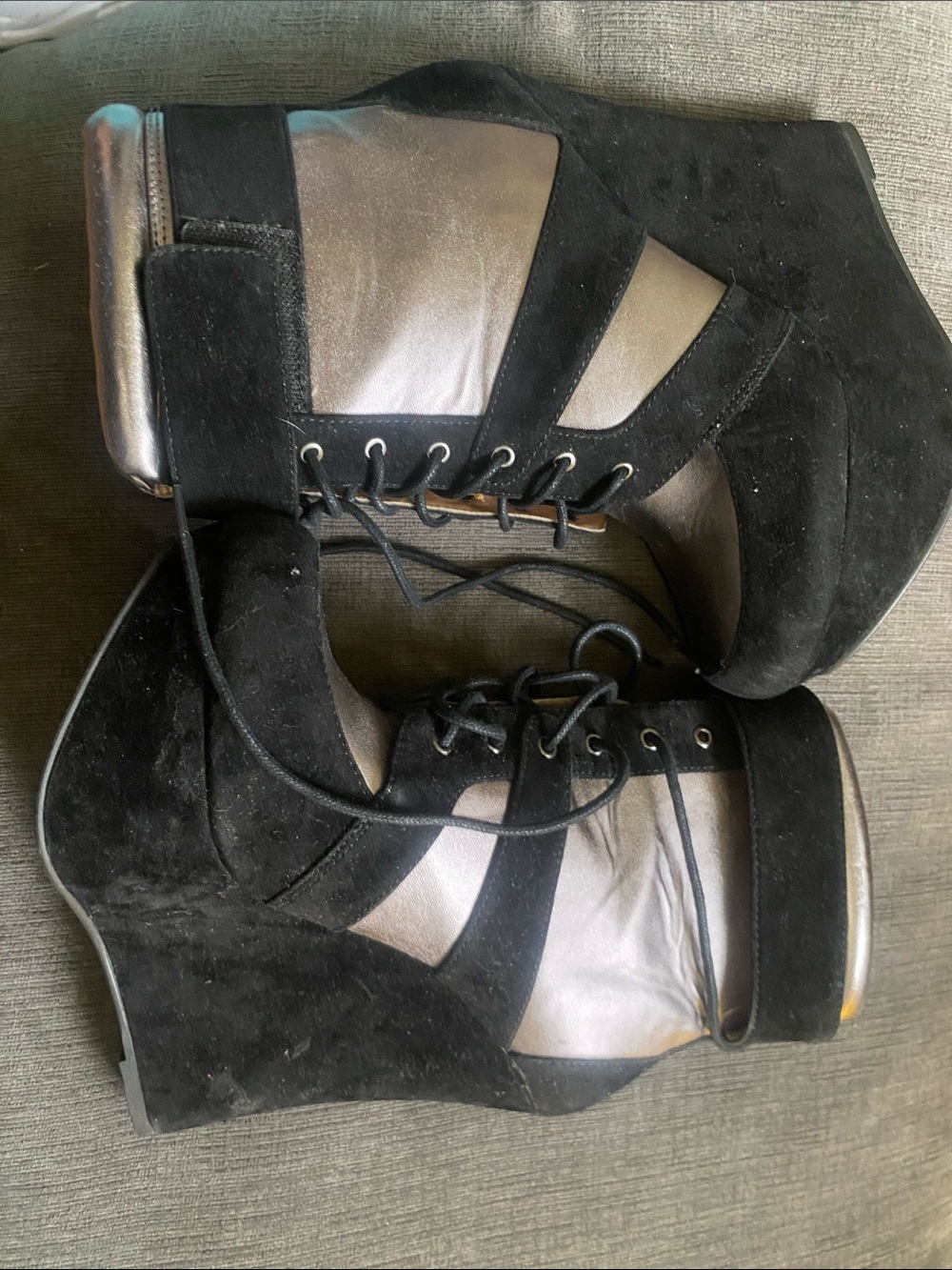 Black Suede Like Wedge Lace-Up Heels with Silver Panels